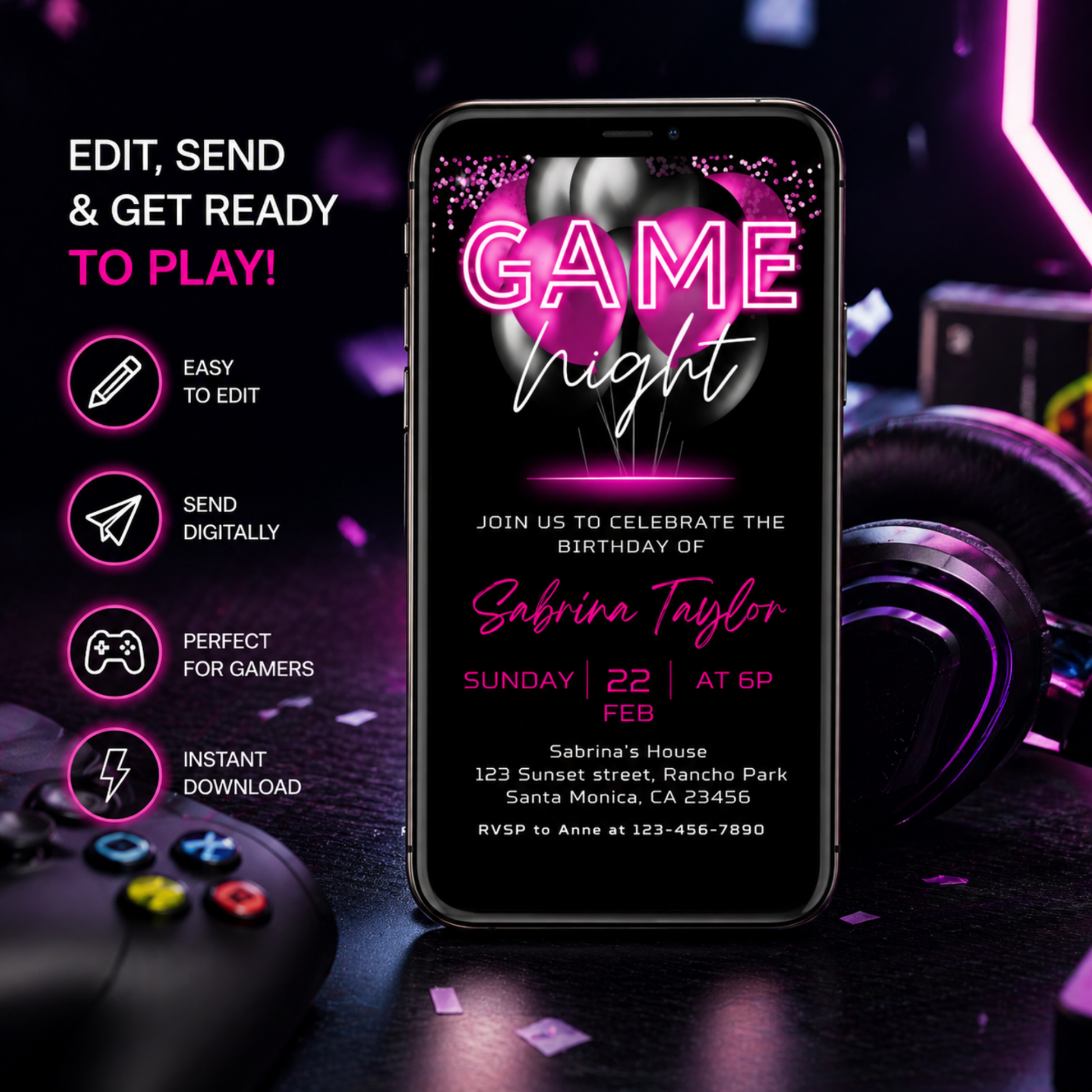 Hot Pink Neon Game Night Invitation