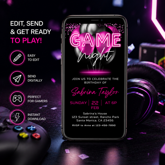 Hot Pink Neon Game Night Invitation