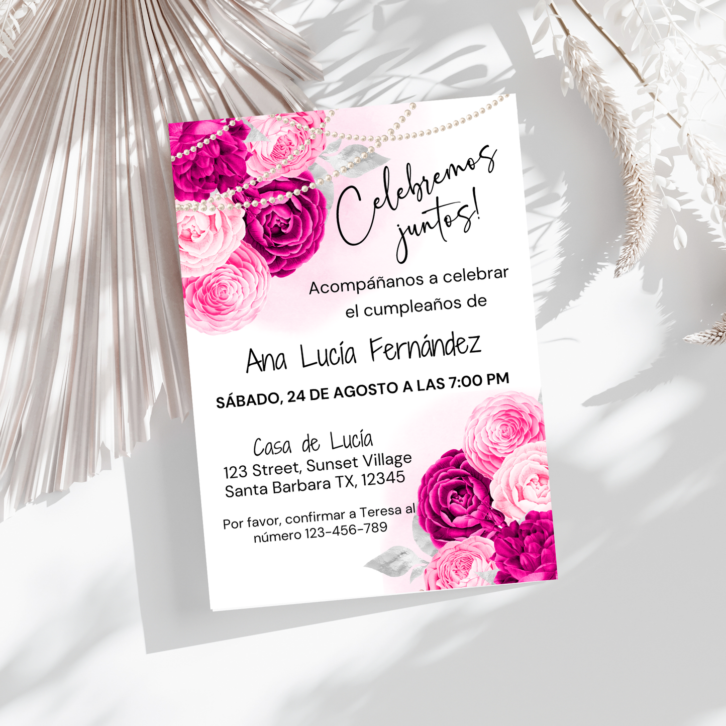 Hot Pink Floral and Pearls Birthday Party Invitation