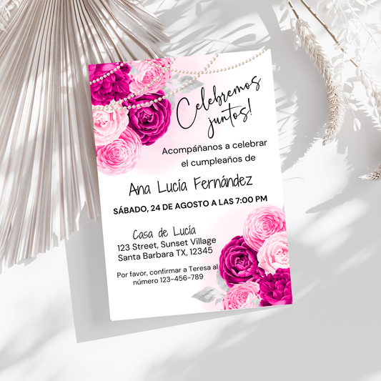 Hot Pink Floral and Pearls Birthday Party Invitation
