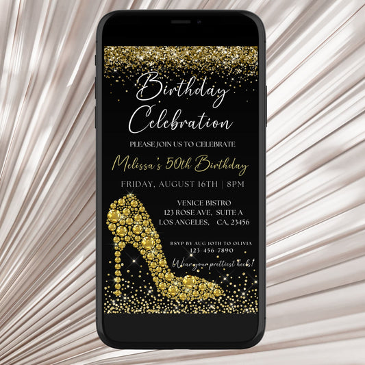 Luxury Gold Diamond High Heel Birthday Invitation