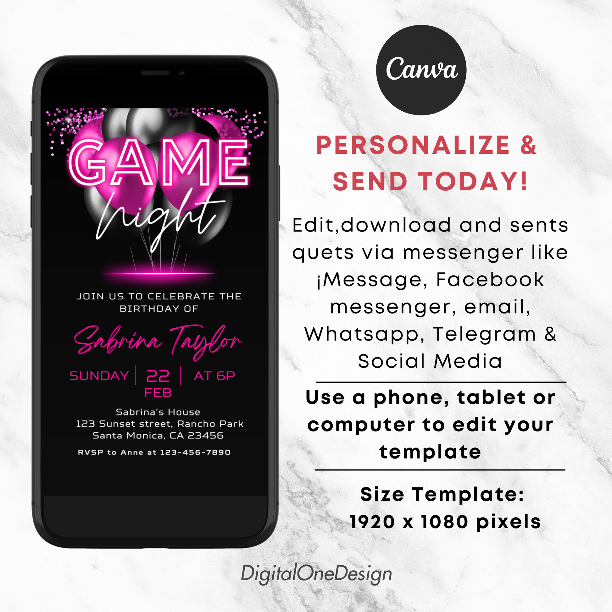 Hot Pink Neon Game Night Invitation