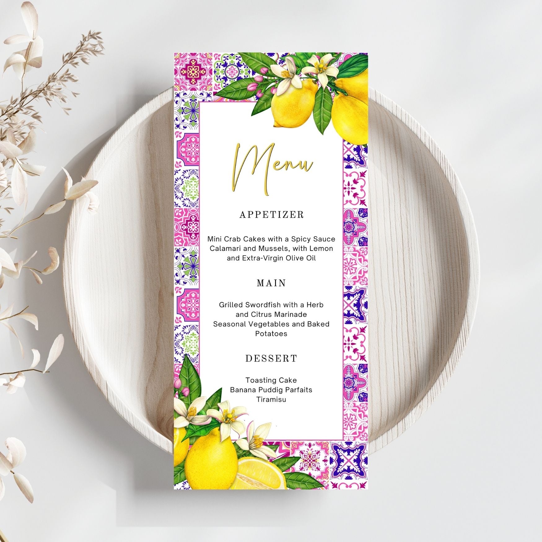Editable Mediterranean Pink Tile and Lemon Citrus Menu Card ...