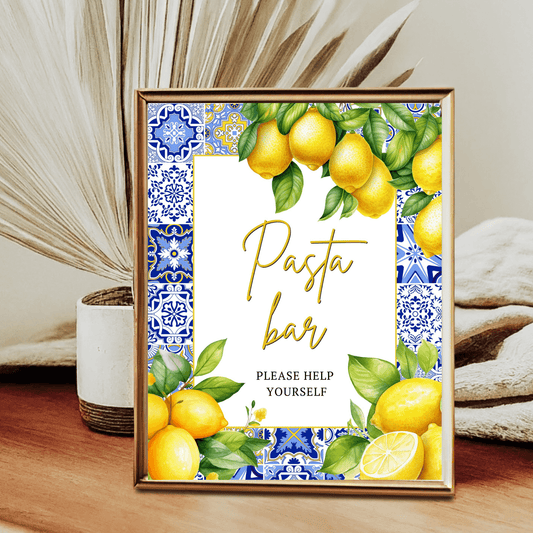 Printable Mediterranean Tiles and Citrus Lemon Pasta Bar station sign