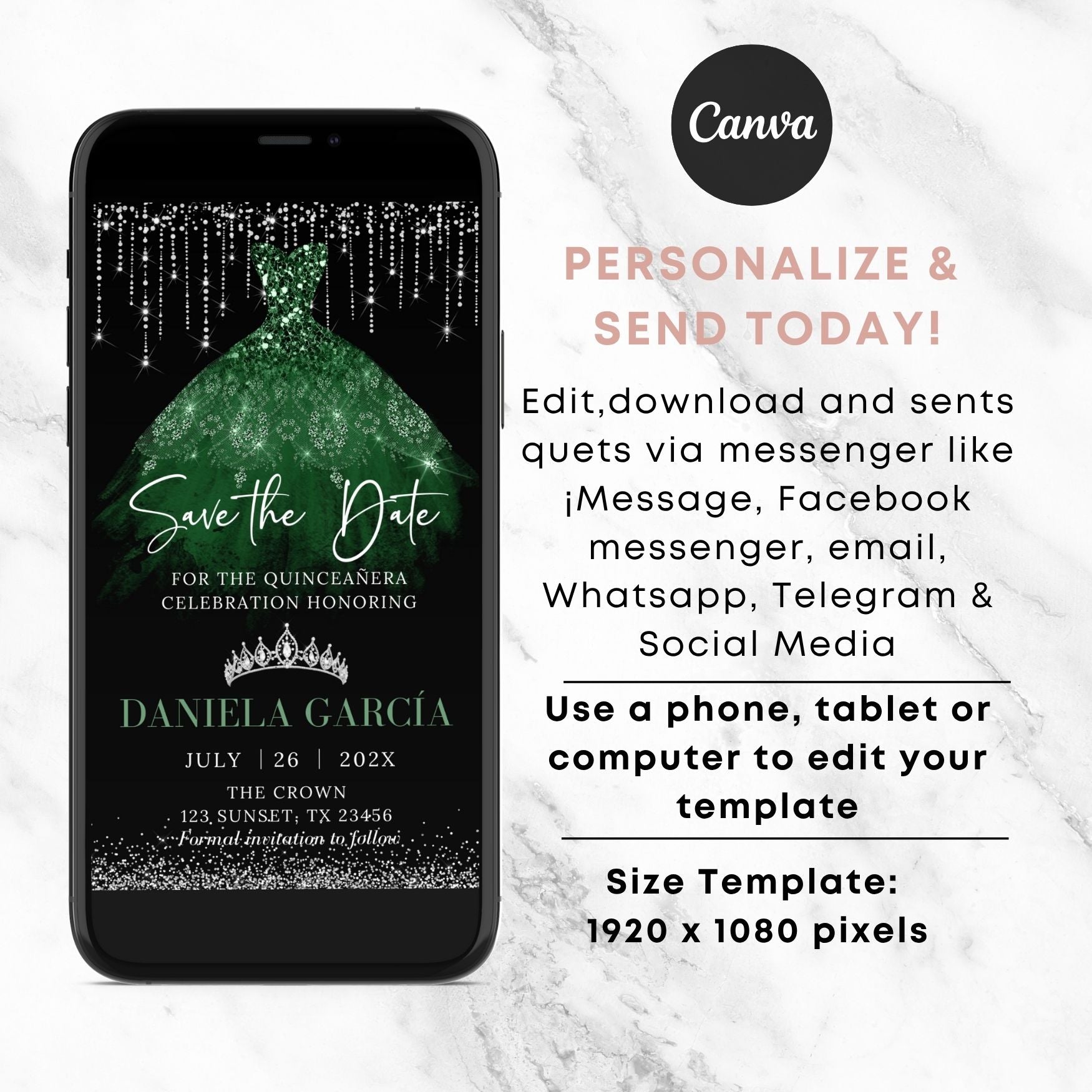 Phone displaying a Emerald green dress with 'Save the Date' text for a quinceañera celebration, on a marble background with Canva branding.