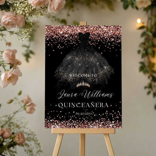 Rose Gold Glitter Quinceanera Party Welcome Sign