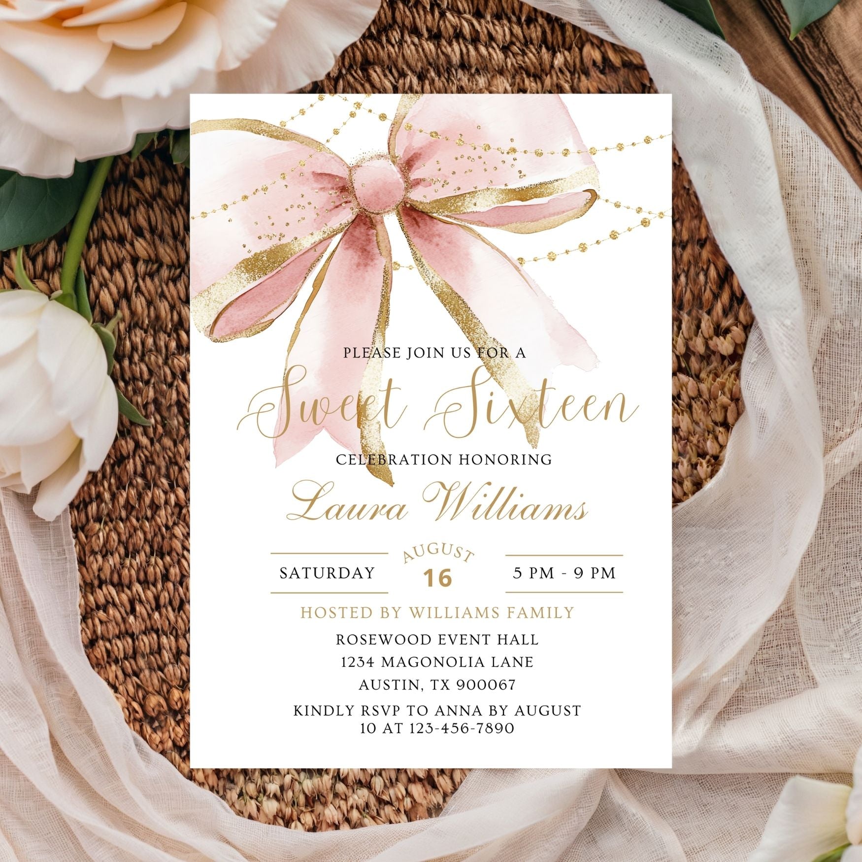 Elegant Coquette Pink Gold Bow Sweet Sixteen Invitation