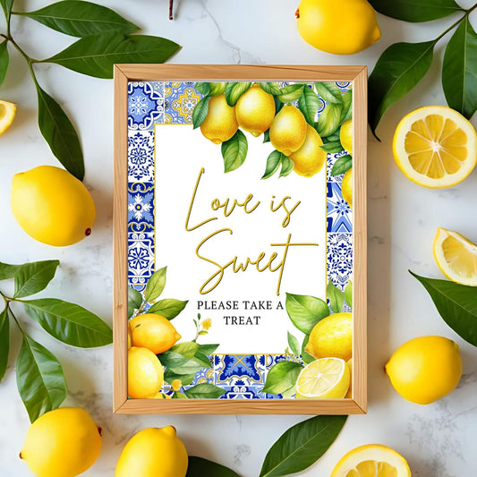 Citrus lemon and blue tile Love is Sweet Sign Instant download