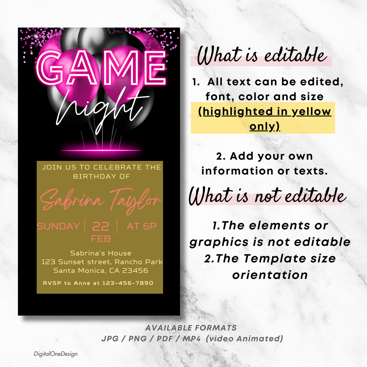 Hot Pink Neon Game Night Invitation