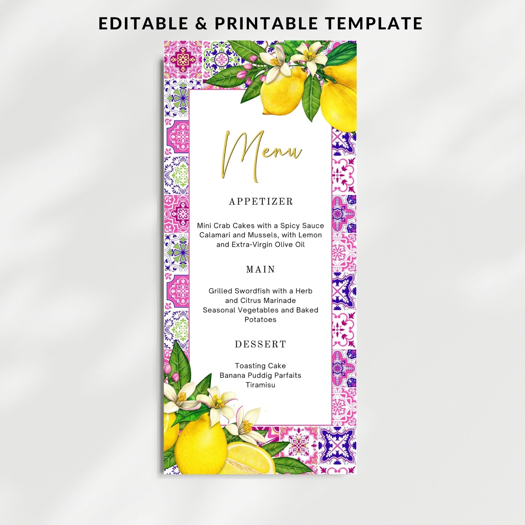 Menu template with colorful border and lemon design on a white background