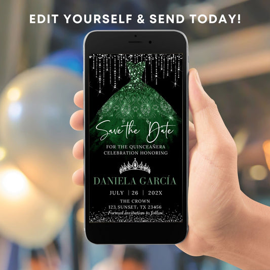 Phone displaying a green dress-themed save the date invitation with a blurred background of balloons and people.