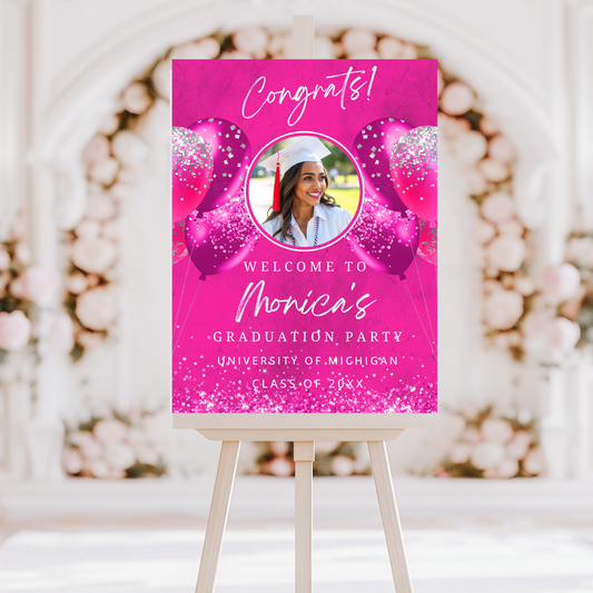 Hot Pink Graduation Welcome Sign with Photo, Class of 2025 Party Poster, Pink Grad Celebration Decor, Printable Entrance Sign