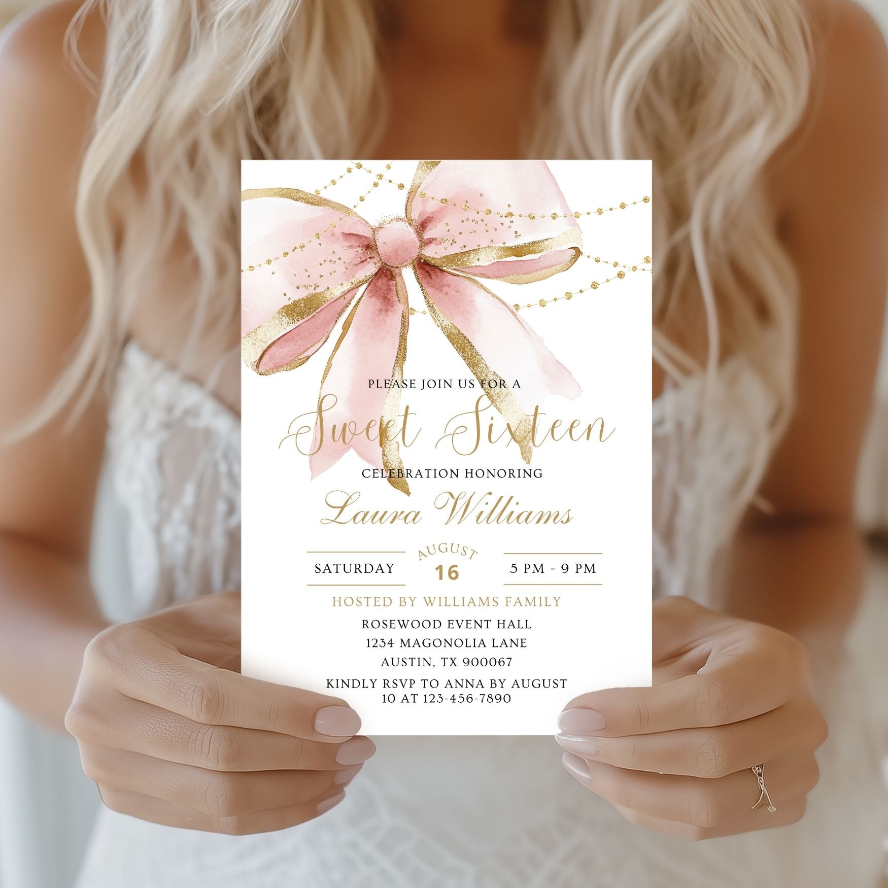 Elegant Coquette Pink Gold Bow Sweet Sixteen Invitation