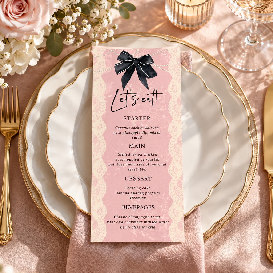 Coquette Lace and Pearls Dinner Menu Card with elegant pink and black design for celebrations, featuring detailed menu information.