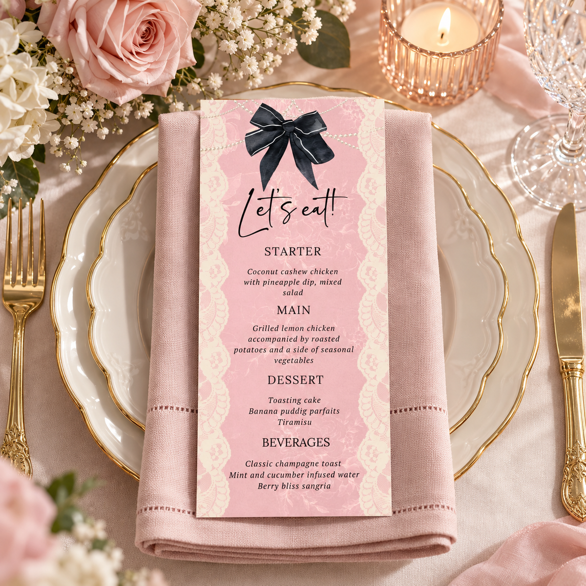 Coquette Lace and Pearls Dinner Menu Card featuring elegant design with pink background and black bow.