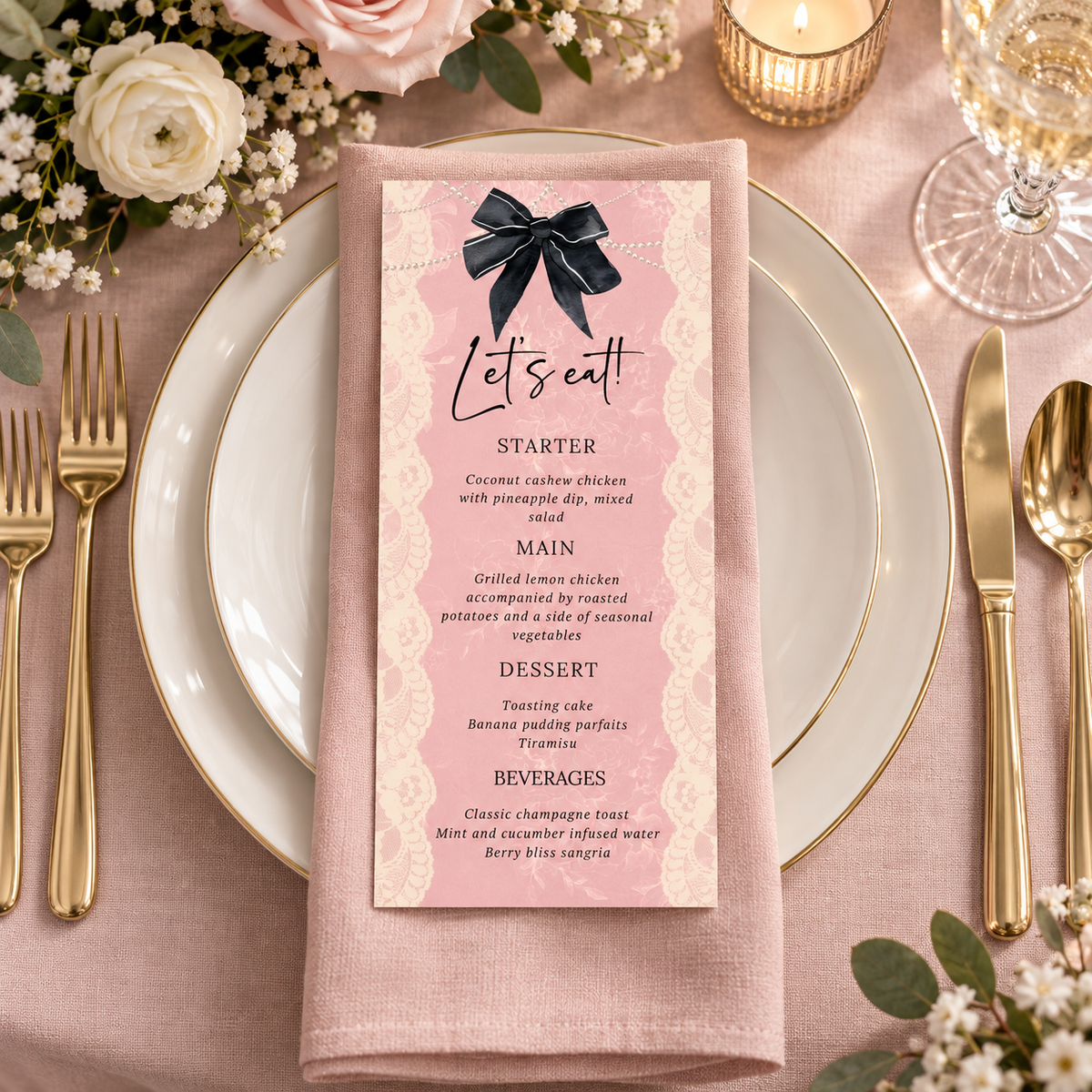Coquette Lace and Pearls Dinner Menu Card displayed elegantly on a table setting with pink and black design elements.