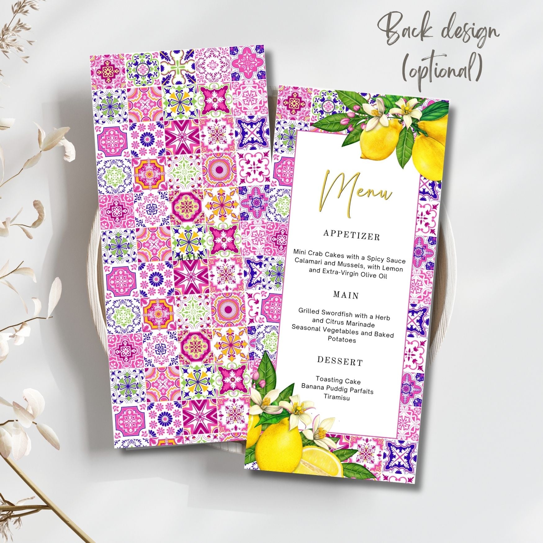 Colorful menu with floral and lemon design on a white background