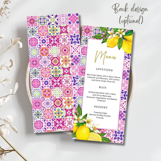 Colorful menu with floral and lemon design on a white background