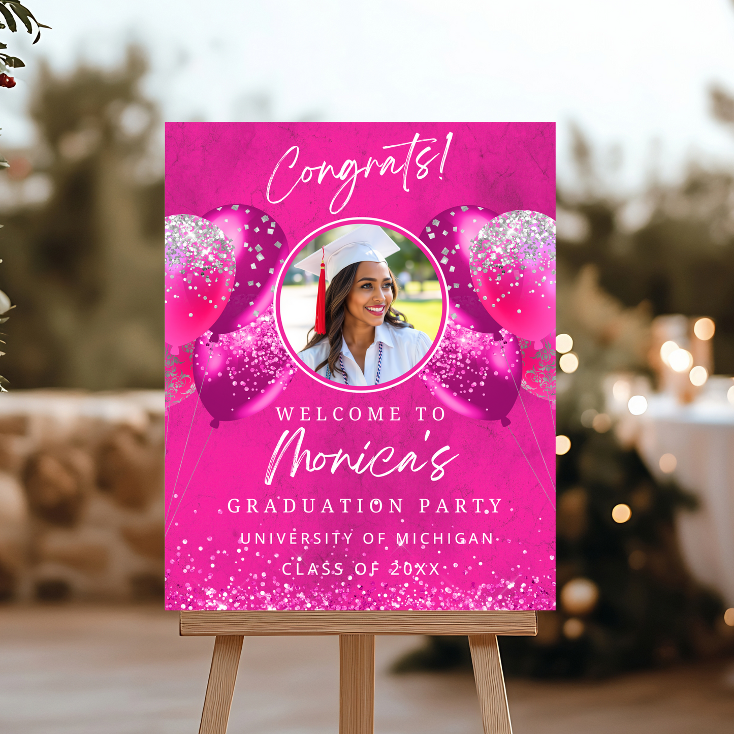 Hot Pink Graduation Welcome Sign with Photo, Class of 2025 Party Poster, Pink Grad Celebration Decor, Printable Entrance Sign