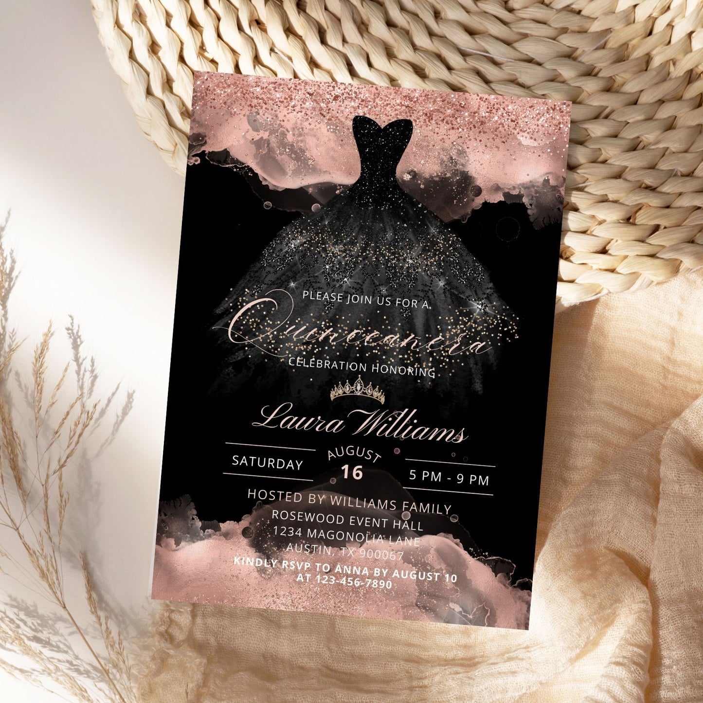 Elegant Black Rose Gold Princess Quinceanera Invitation