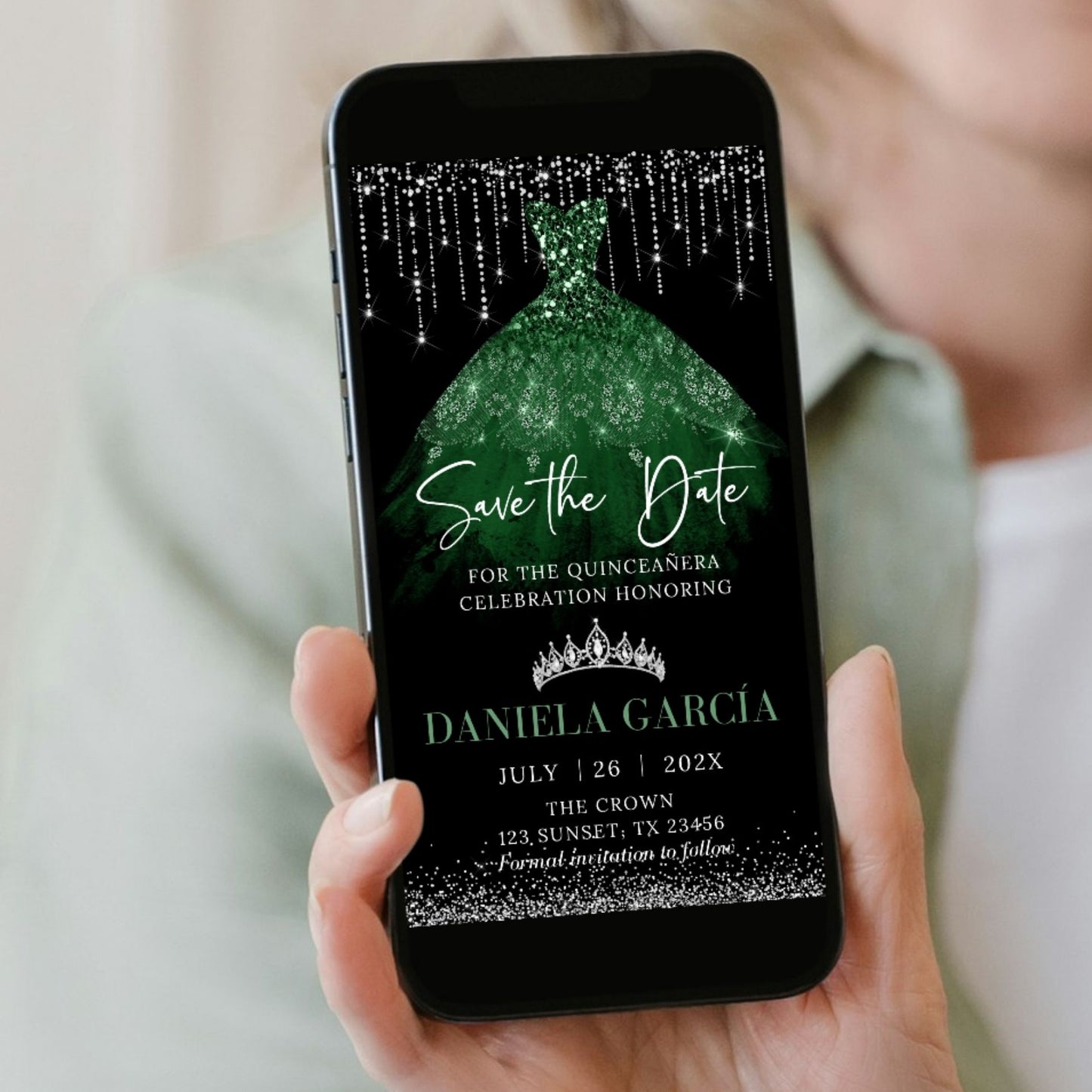 Phone displaying a green and black 'Save the Date' invitation for a quinceañera celebration.