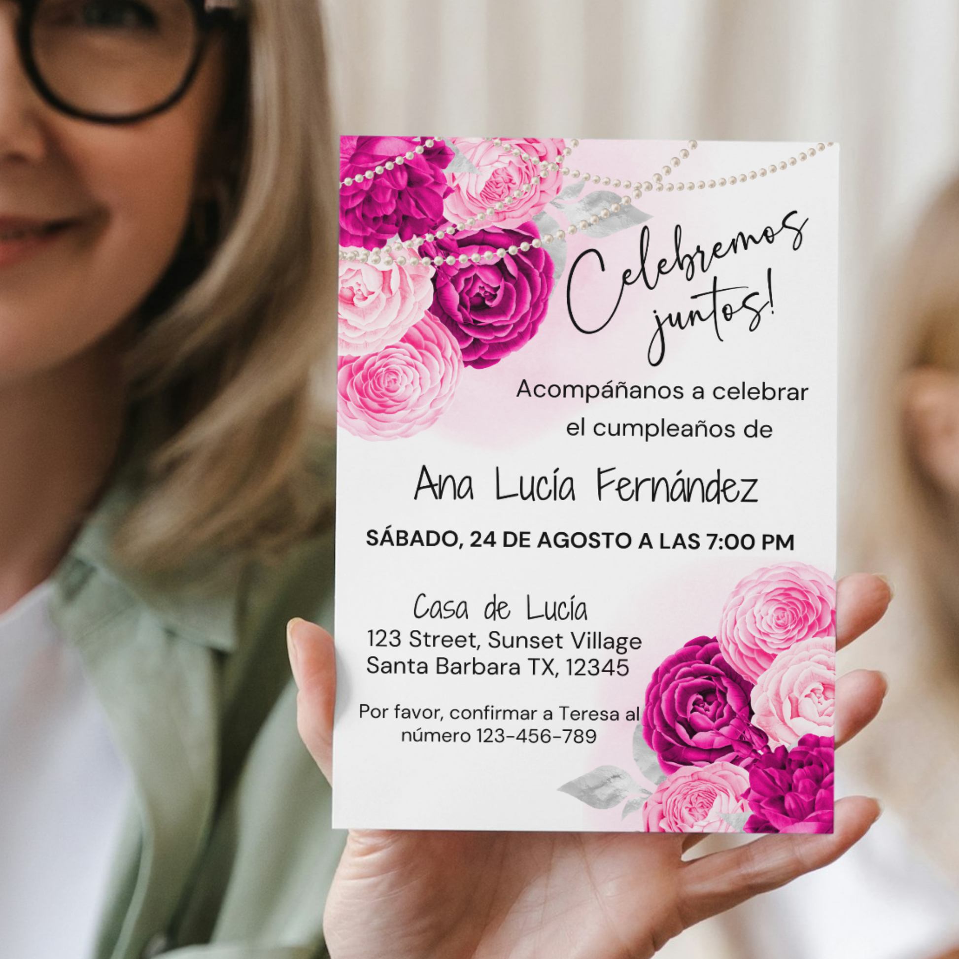 Hot Pink Floral and Pearls Birthday Party Invitation