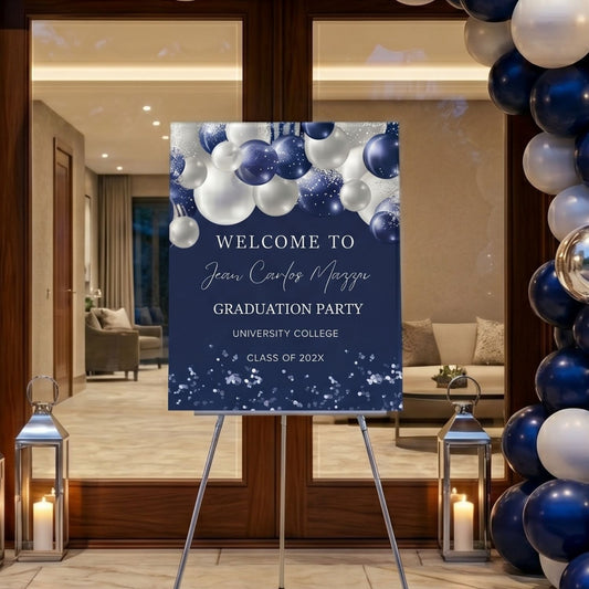 Navy and Silver Balloons Graduation party Welcome Sign