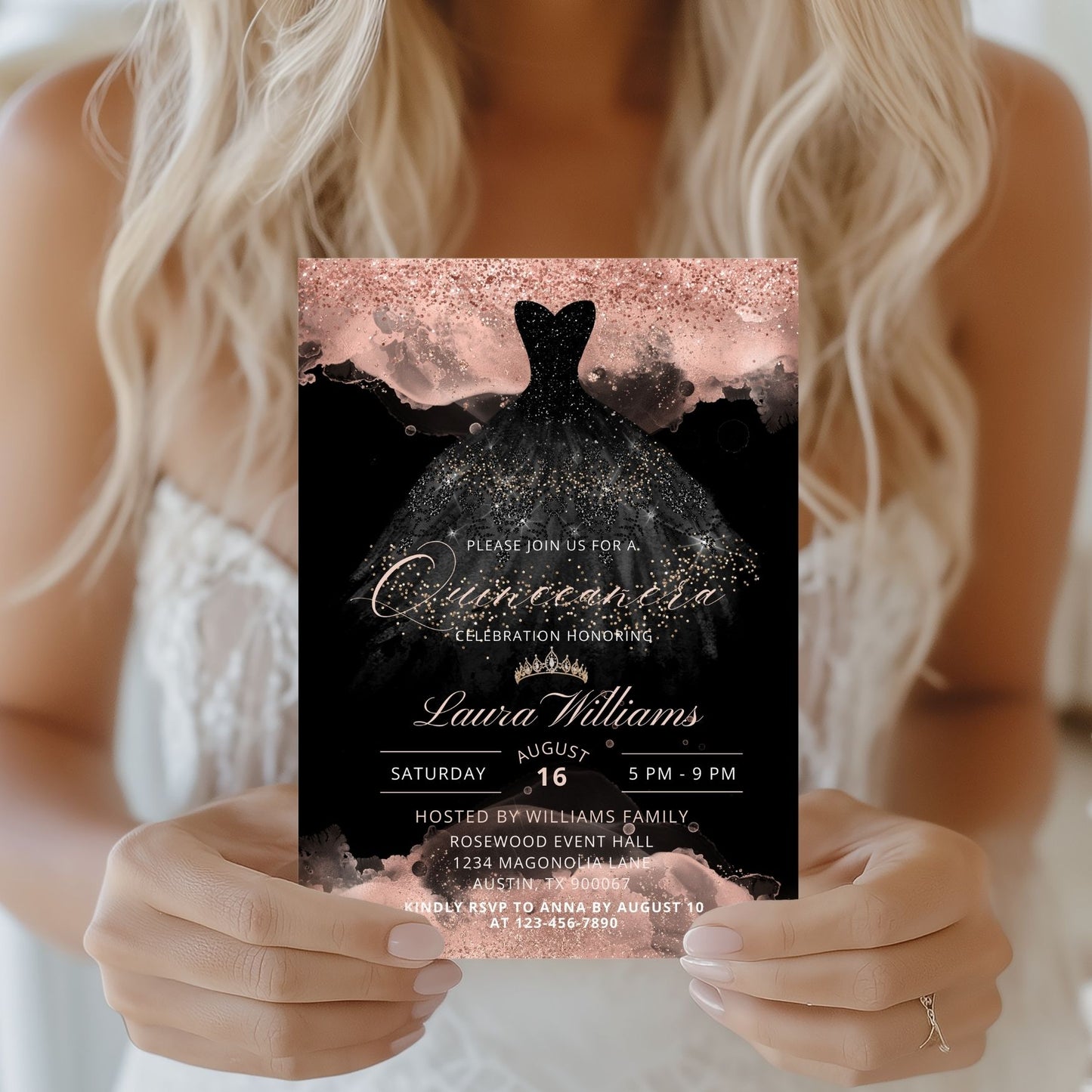 Elegant Black Rose Gold Princess Quinceanera Invitation