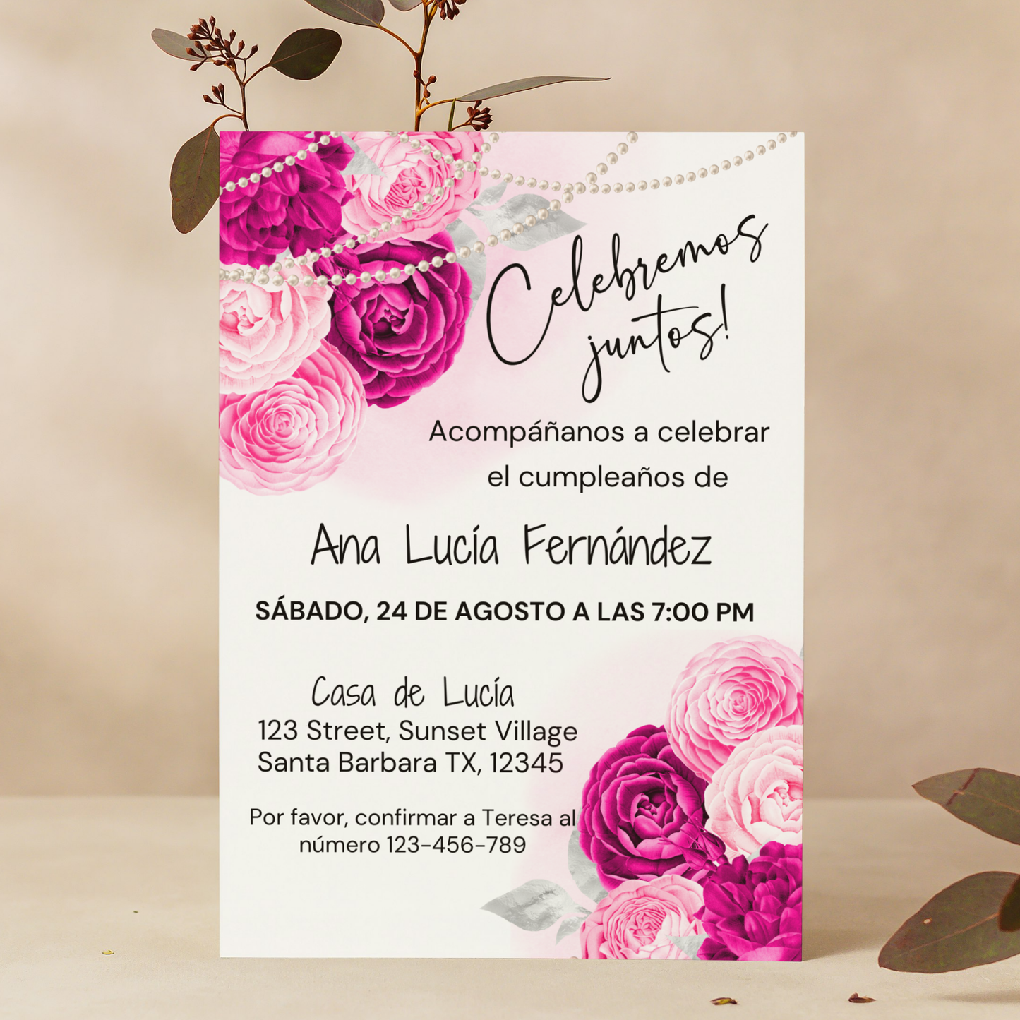 Hot Pink Floral and Pearls Birthday Party Invitation