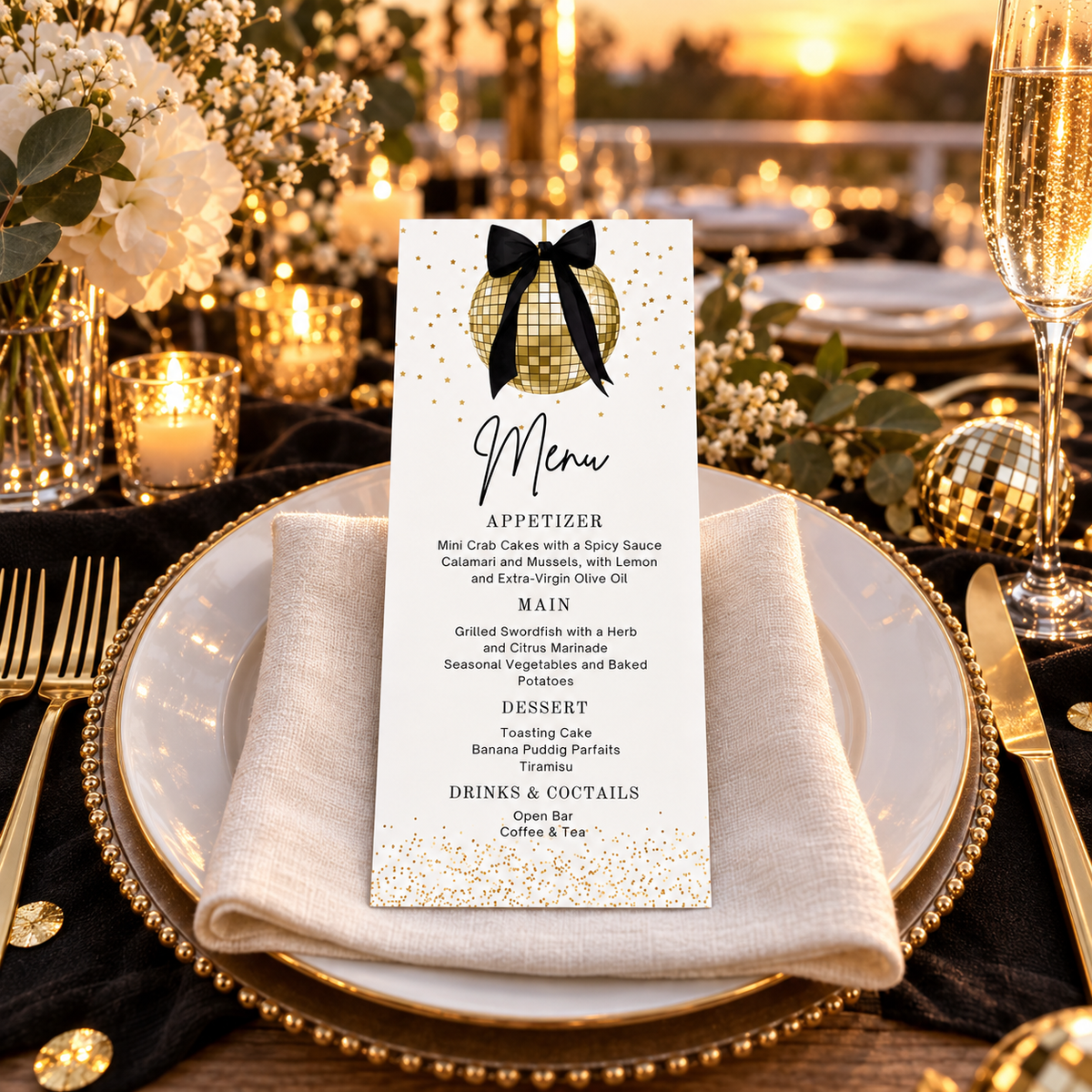 Editable Gold Disco Ball Menu Card on elegant table setting with gold accents and chic decorations for celebrations.