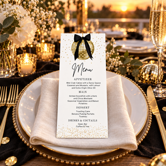 Editable Gold Disco Ball Menu Card on elegant table setting with gold accents and chic decorations for celebrations.