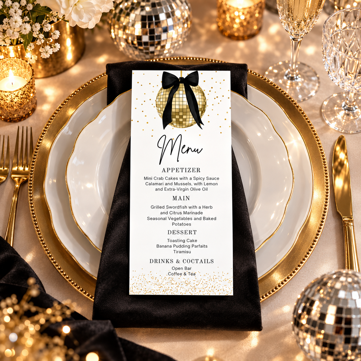 Editable Gold Disco Ball Menu Card displayed on an elegant table setting with gold accents and stylish decor.