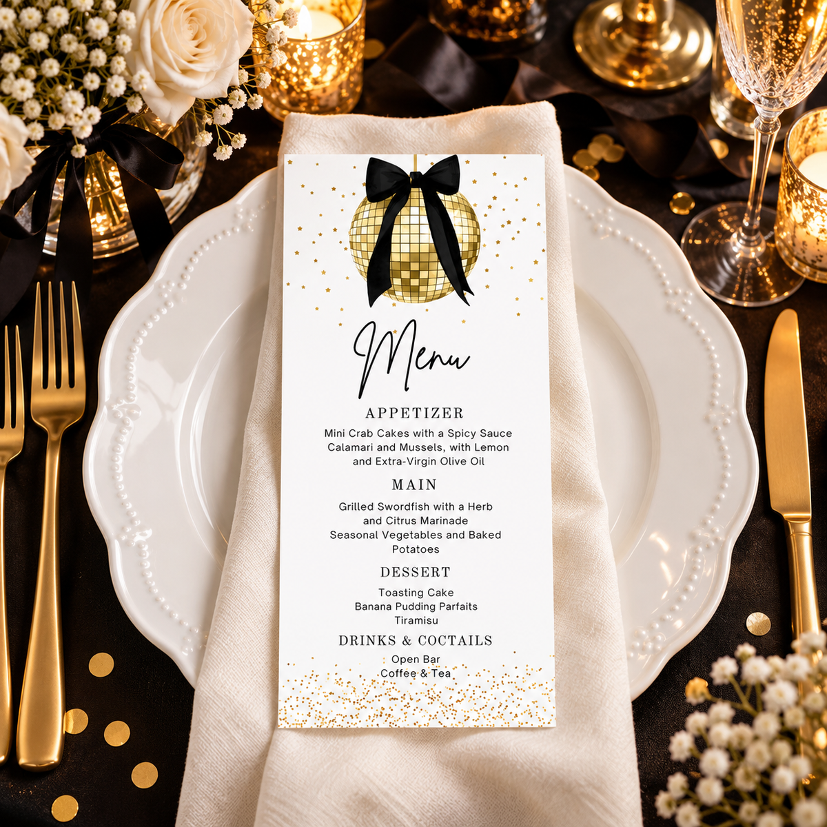 Editable Gold Disco Ball Menu Card featuring a chic black bow, perfect for celebrations and elegant dining events.