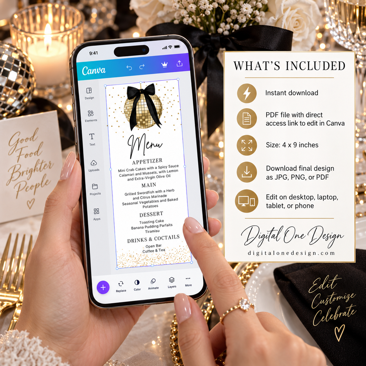 Editable Gold Disco Ball Menu Card displayed on a phone in Canva, featuring a chic design and easy customization.