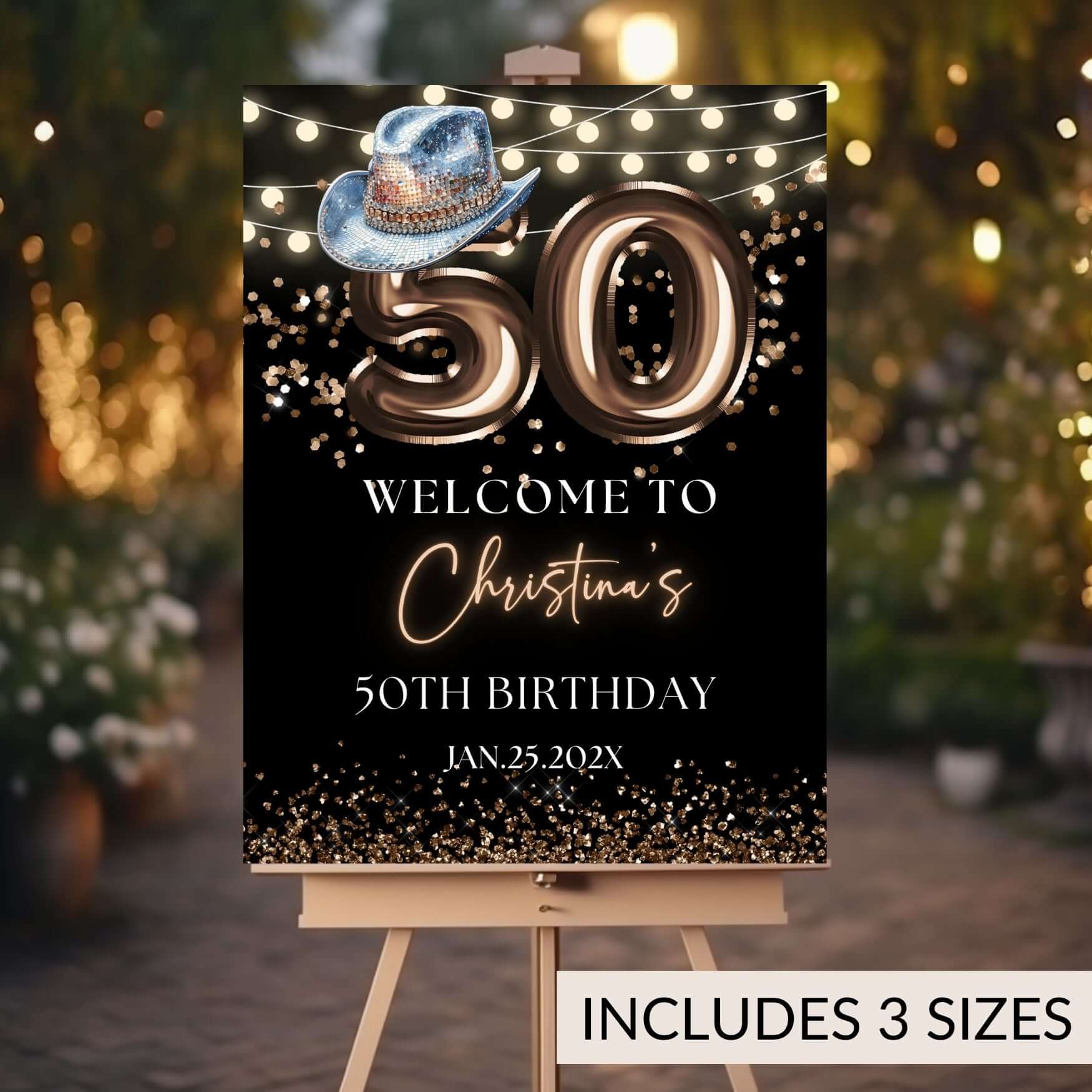 Editable 50th Birthday welcome sign featuring blue hat, bronze balloons, and lights for a stylish party entrance.