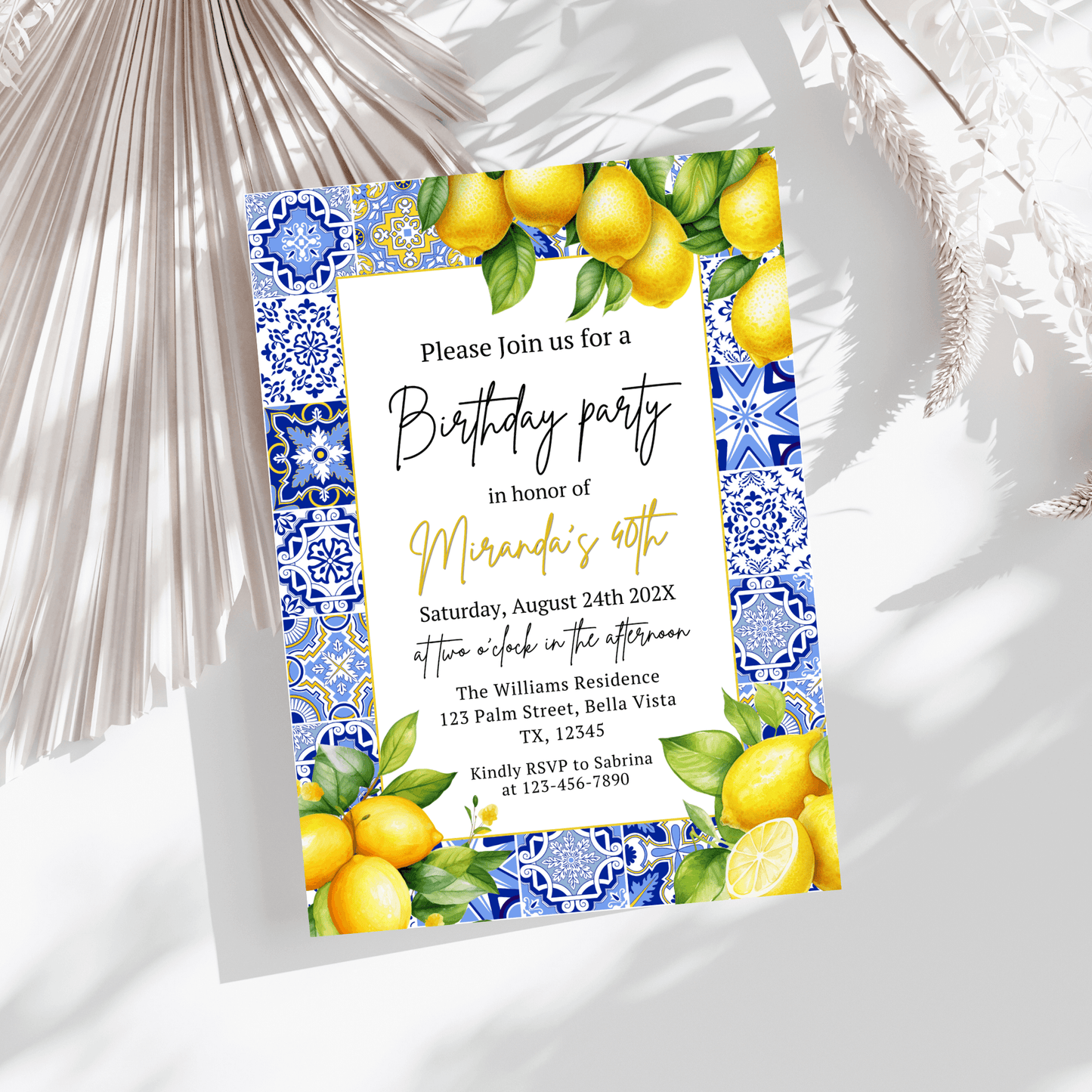 Editable Amalfi Coast Tile Lemon Birthday Invitation