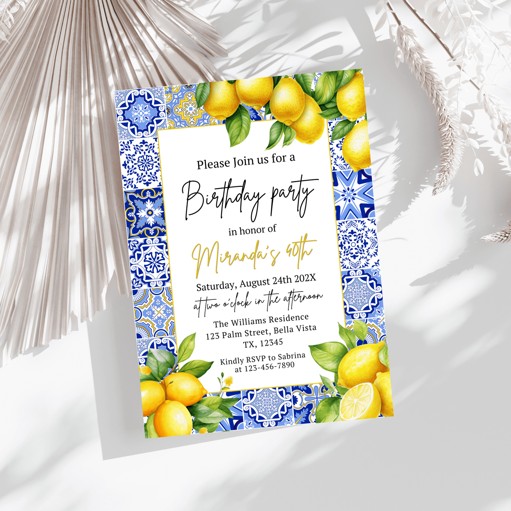 Editable Amalfi Coast Tile Lemon Birthday Invitation