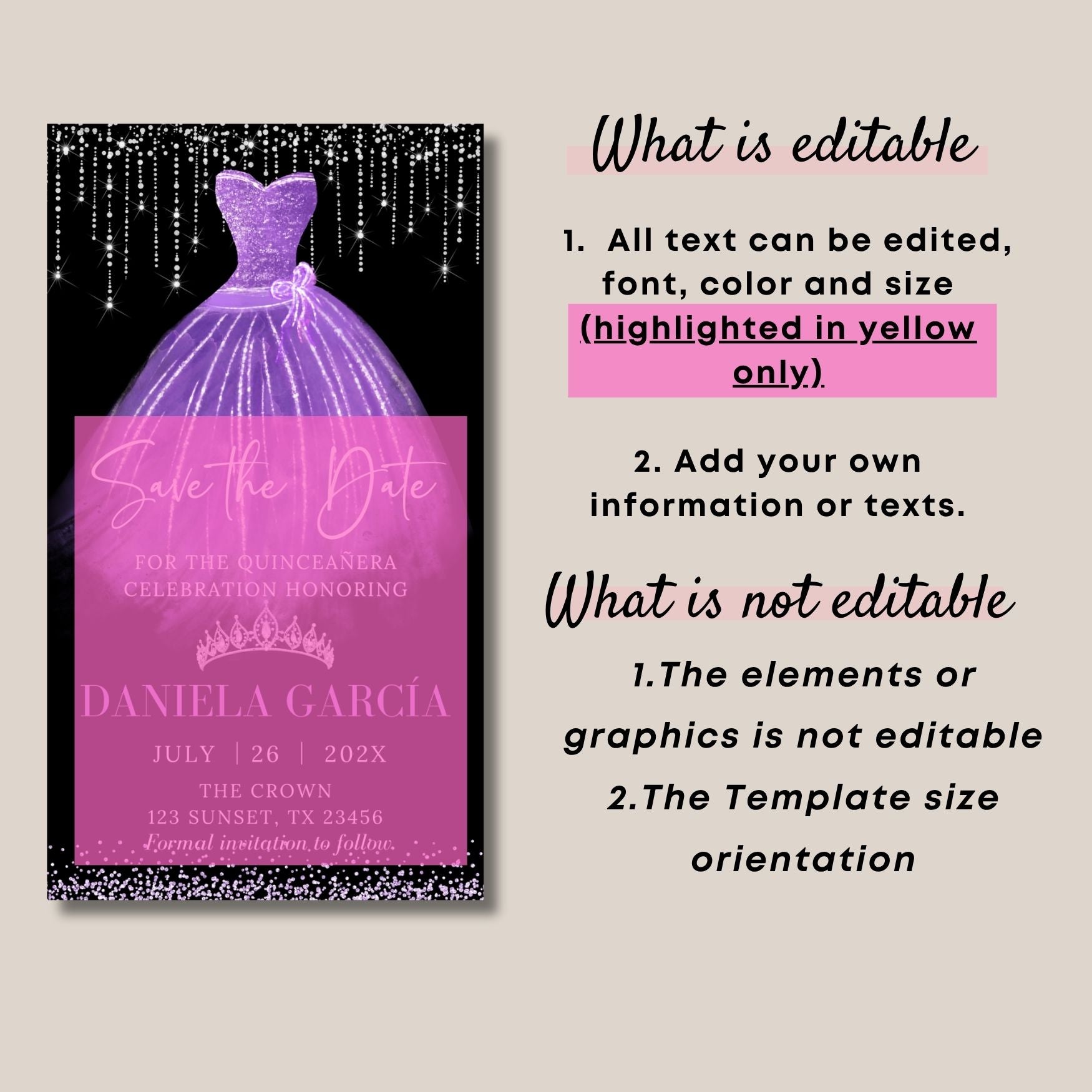 Quinceañera Save the date invitation card with purple gown design on a beige background