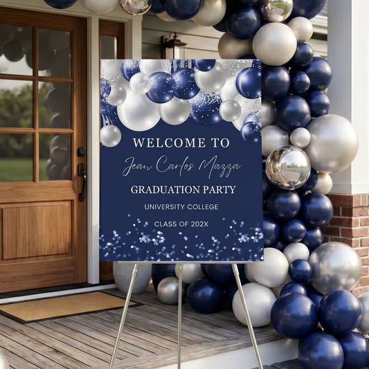 Navy and Silver Balloons Graduation party Welcome Sign