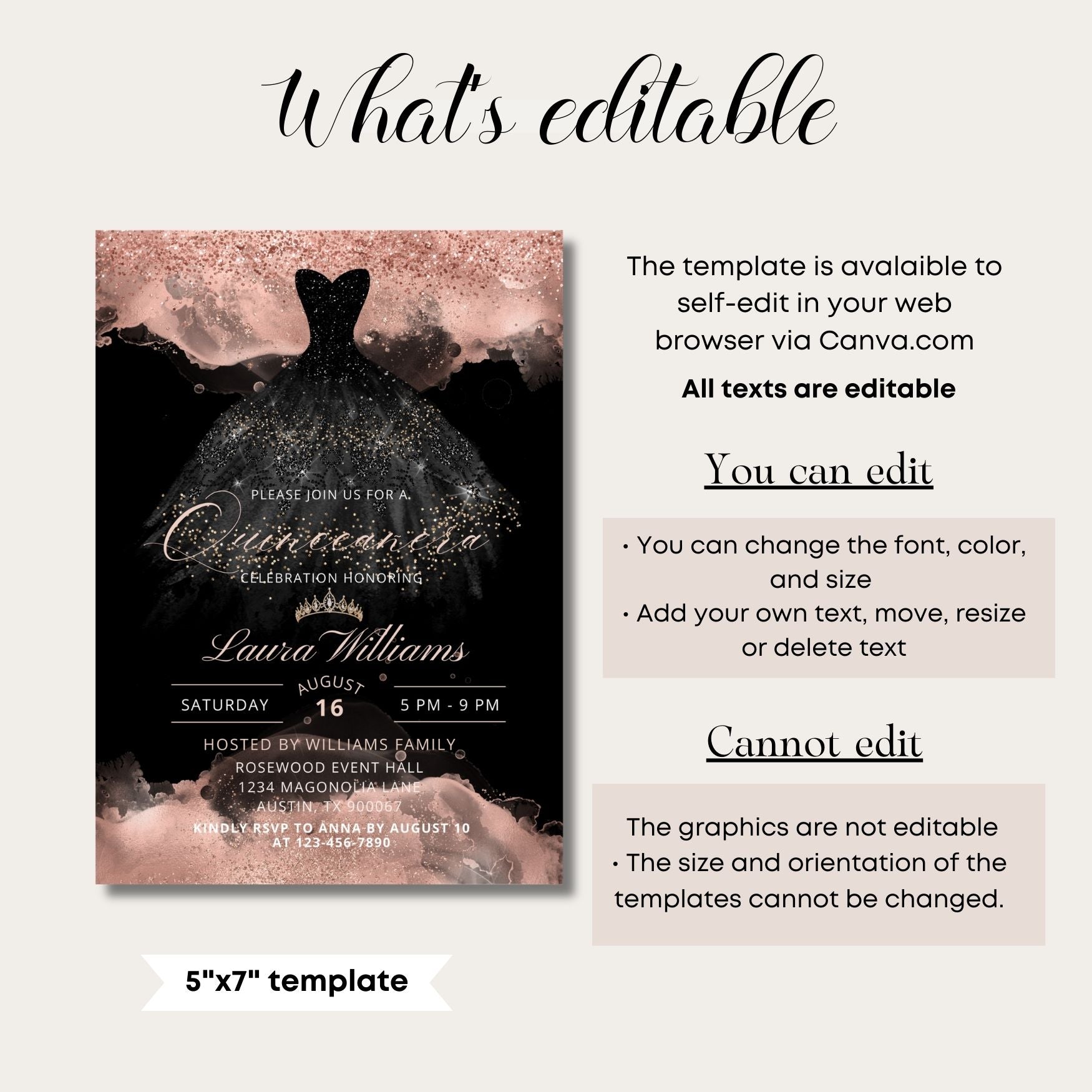 Elegant Black Rose Gold Princess Quinceanera Invitation