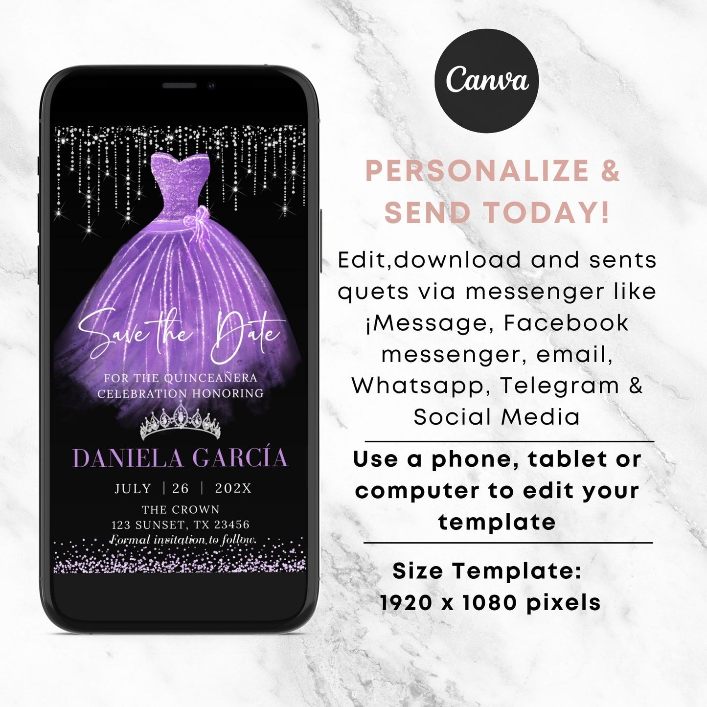 Phone displaying a 'Save the Date' invitation for a Quinceañera with a purple dress and Canva branding.