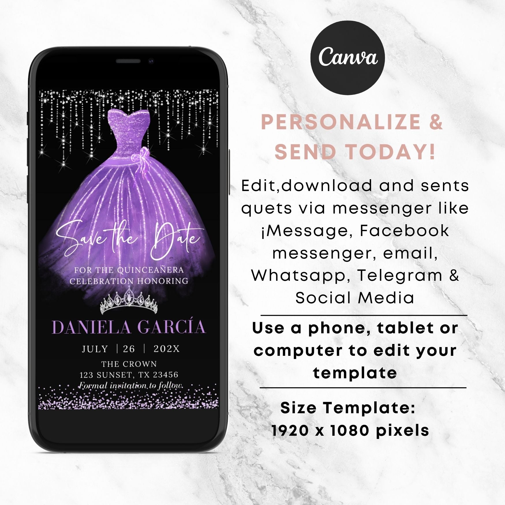 Phone displaying a 'Save the Date' invitation for a Quinceañera with a purple dress and Canva branding.