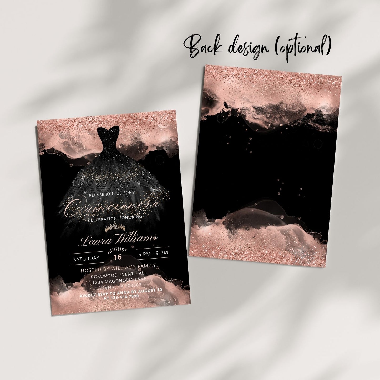 Elegant Black Rose Gold Princess Quinceanera Invitation