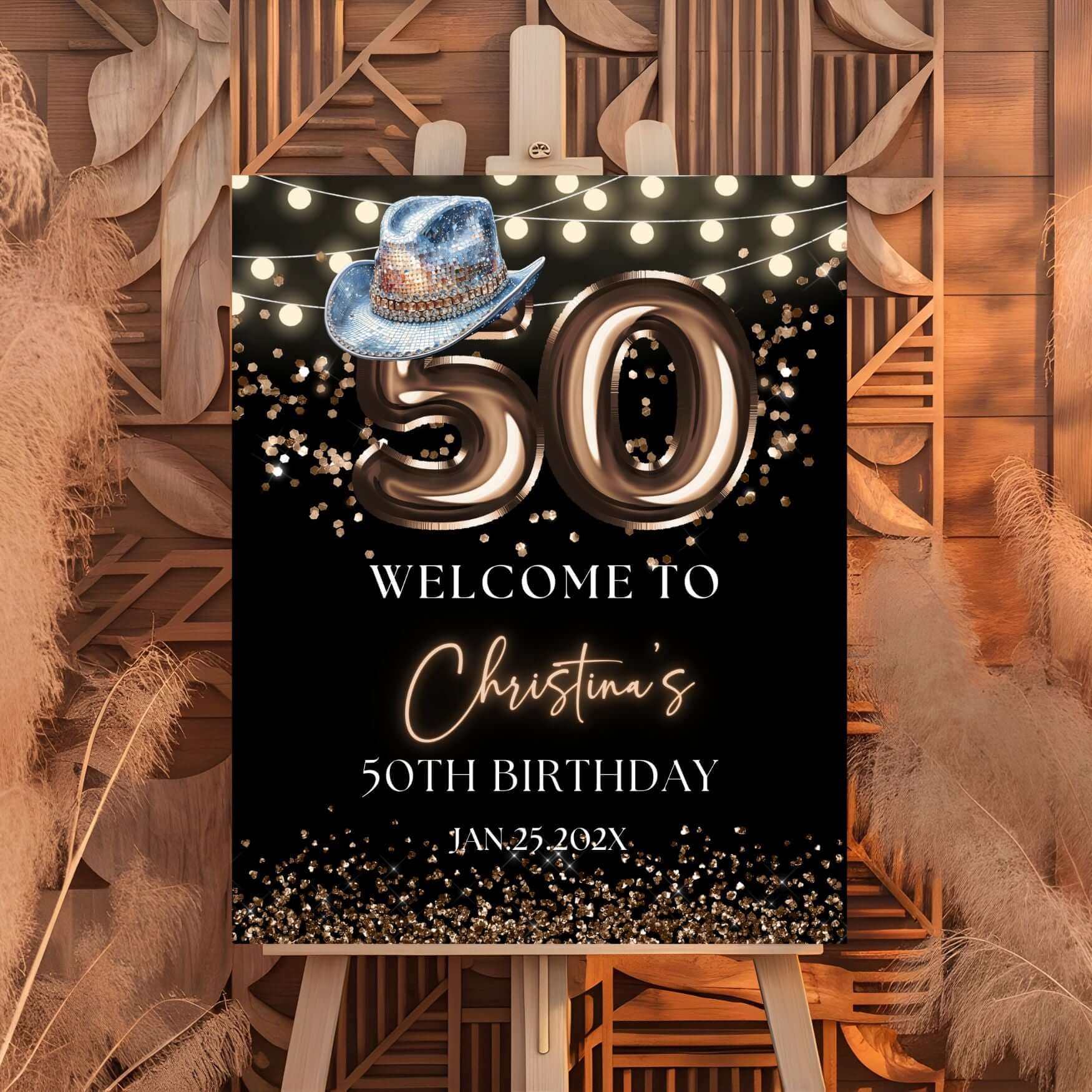 Editable 50th Birthday Welcome Sign with Western blue hat and bronze balloons, perfect for party decoration.