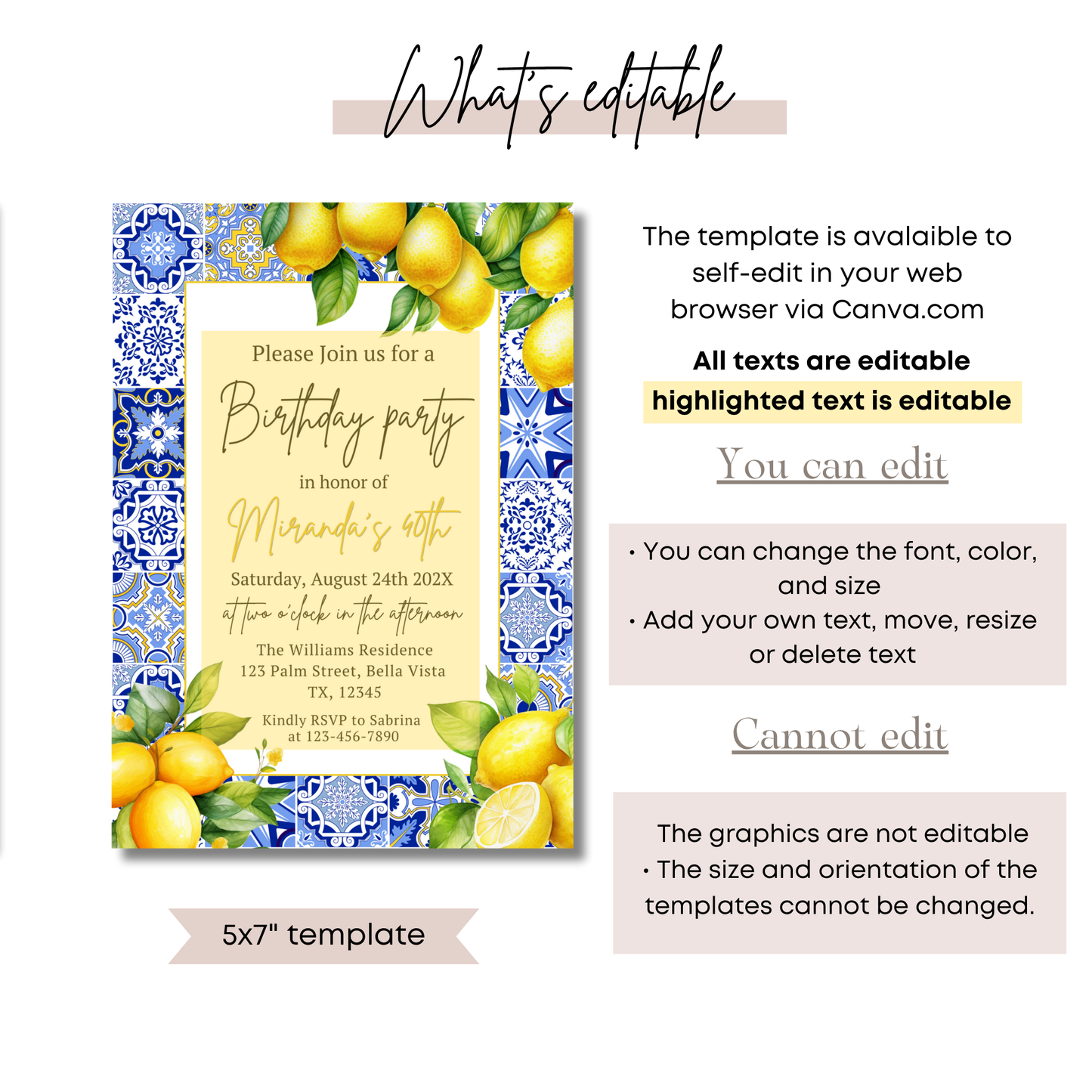 Editable Amalfi Coast Tile Lemon Birthday Invitation, canva template