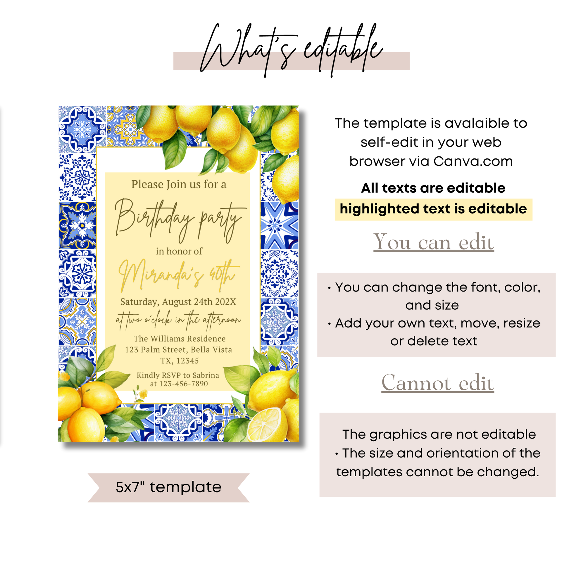 Editable Amalfi Coast Tile Lemon Birthday Invitation, canva template