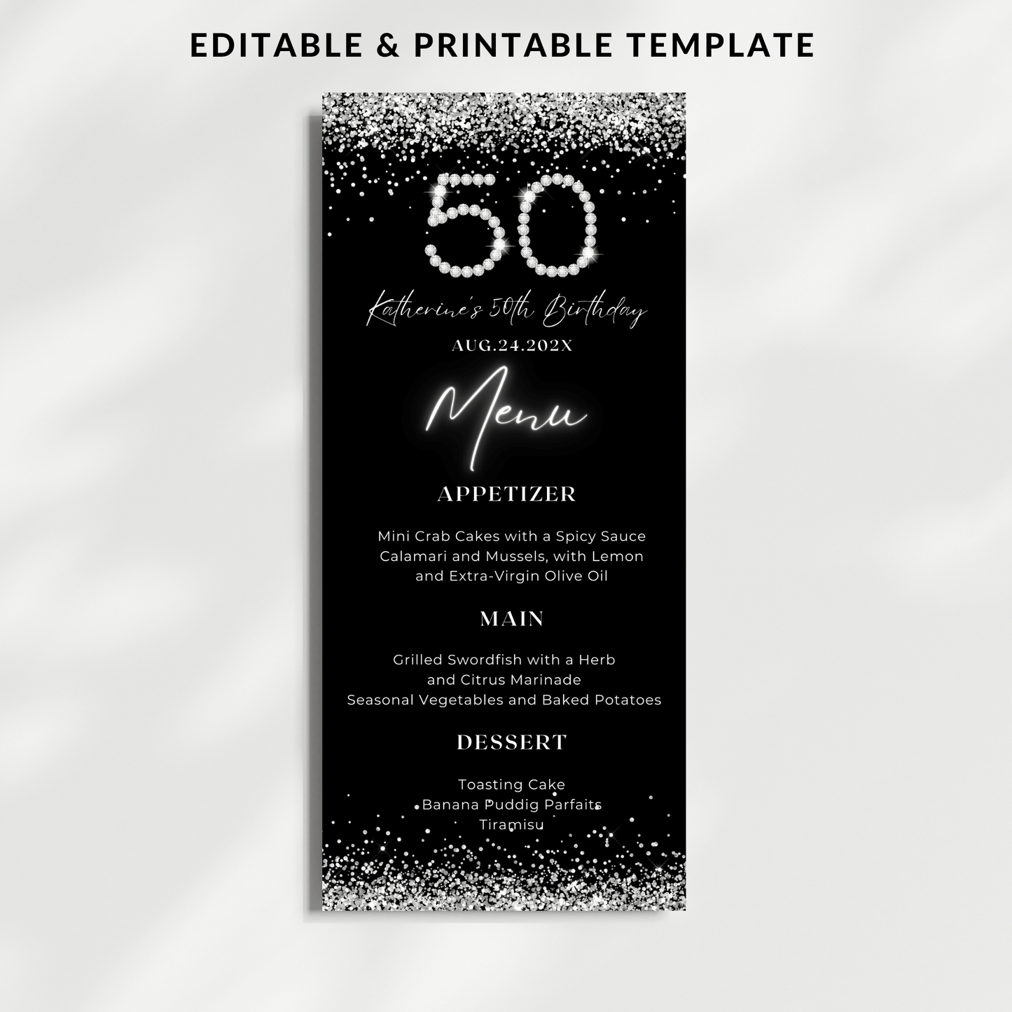 Editable Diamonds 50th Menu Card Template