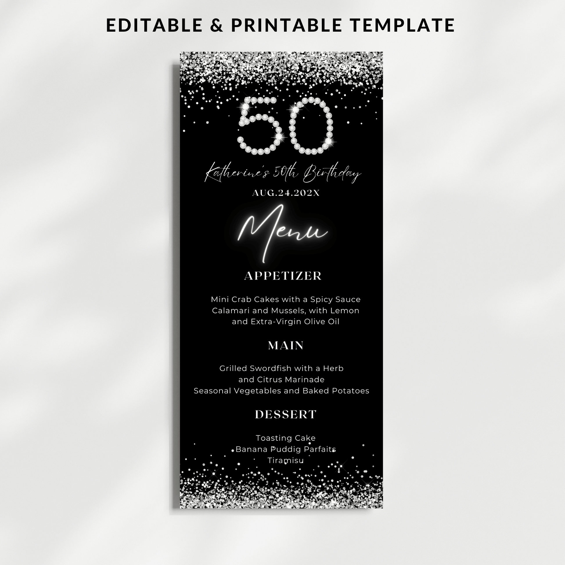 Editable Diamonds 50th Menu Card Template