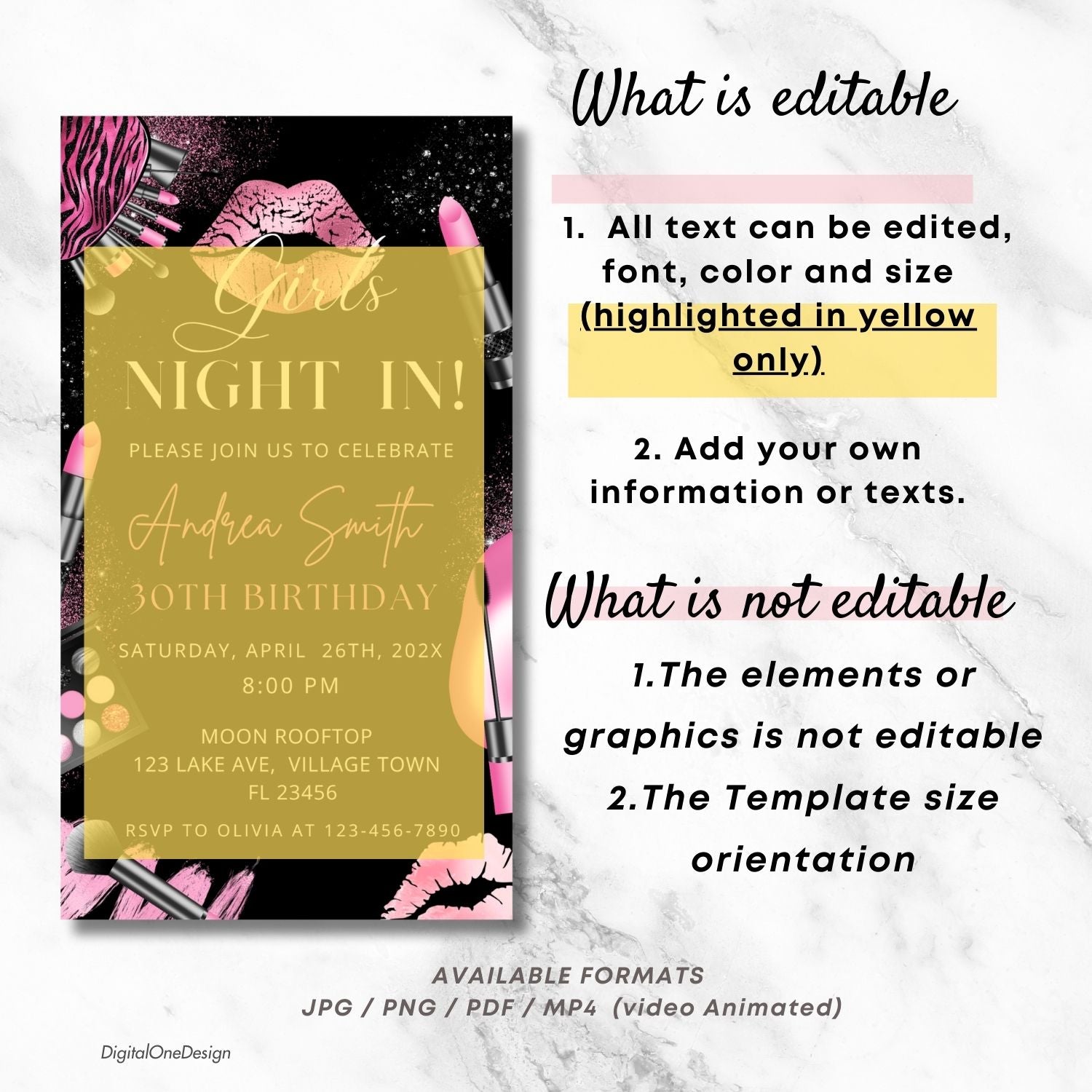 Hot Pink and Black Makeup Birthday Party Invitation