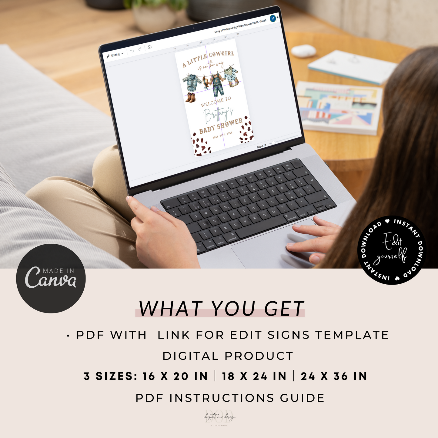 Woman editing a Western baby shower welcome sign template on a laptop, showcasing digital product details and size options.